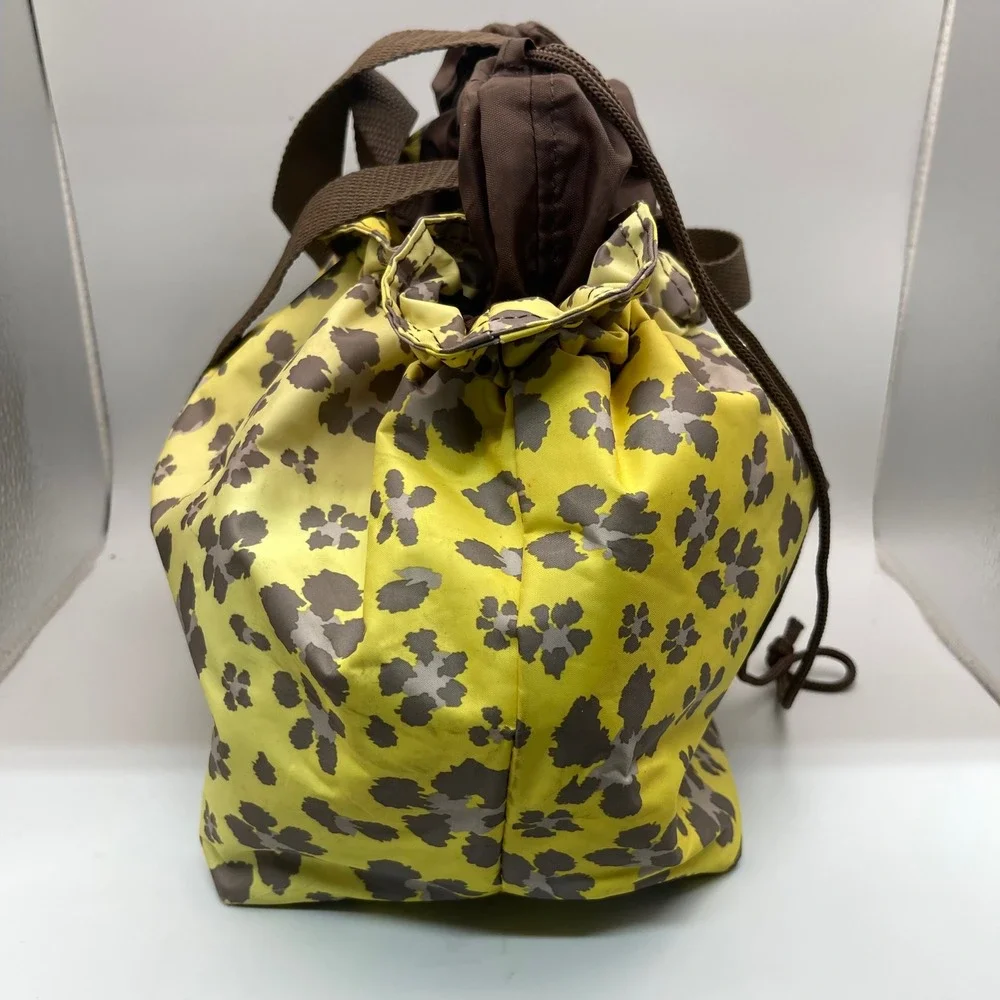 Thirty-One Thermal Drawstring Lunch Bag‎ Yellow Brown Floral Leopard Print Tote